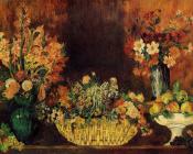 皮埃尔 奥古斯特 雷诺阿 : Vase, Basket of Flowers and Fruit